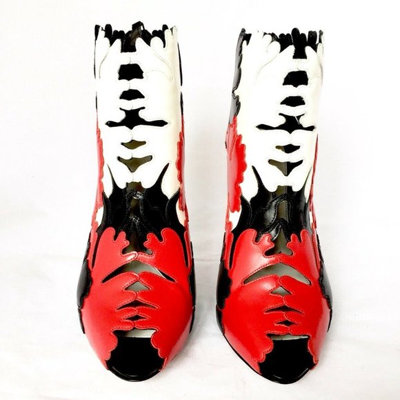 Alexander McQueen Lotus Flower Appliqué Peep- Toe Bootie Leather Red Black 41 - Picture 4 of 9